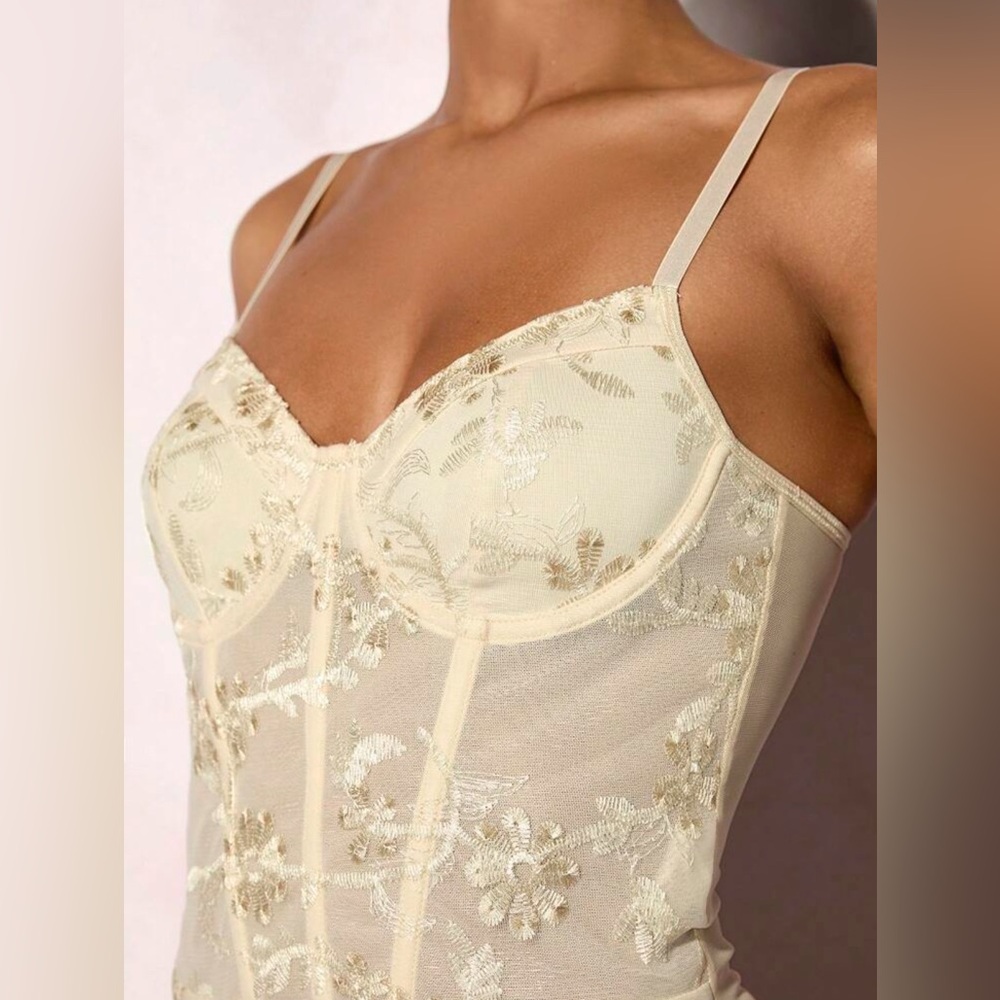 Sheer Floral Embroidered Bodysuit in Ivory - Picture 6 of 7